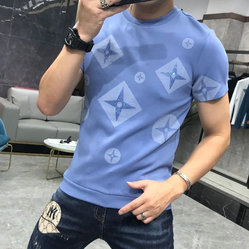 Luxury Fashion Men Rhinestone Brown Black Blue Pink Short Sleeve Slim  T-Shirt