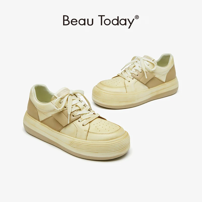 

BeauToday Casual Sneakers Women Genuine Cow Leather Lace-Up Mixed Colors Platform Round Toe Shoes Ladies Flats Handmade 29166