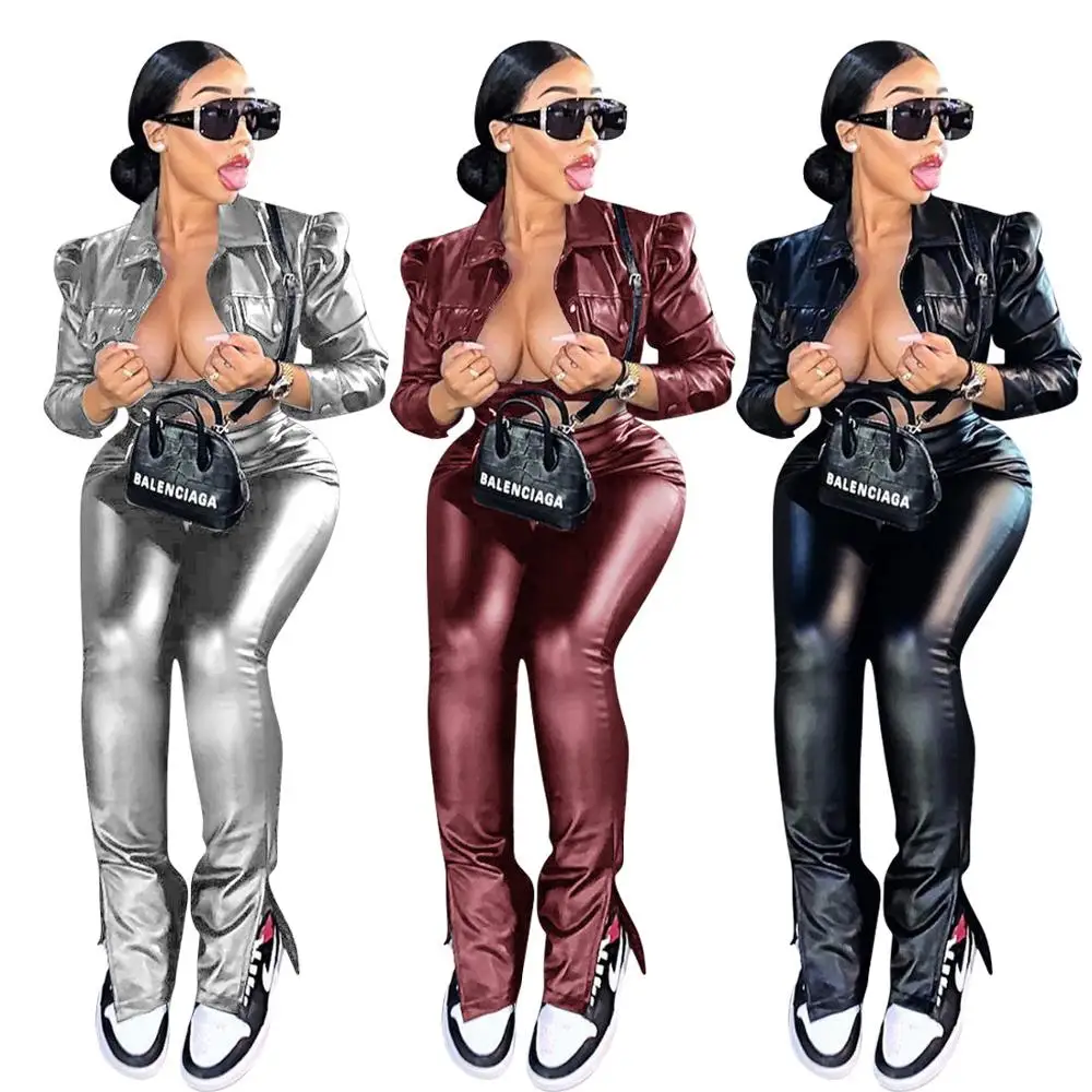 Echoine Autumn Winter Women PU Leather Two Pieces set Fashion Biker Short Jacket and Split stacked Pants Party joggers Outfits |