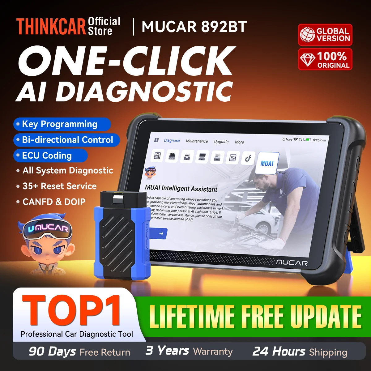 MUCAR 892BT AI Programmation de clés avec TKEY 101 Outil de diagnostic automobile Scanner OBD2 bidirectionnel Codage ECU CANFD DOIP 35 réinitialisations Système complet Mises à jour gratuites à vie