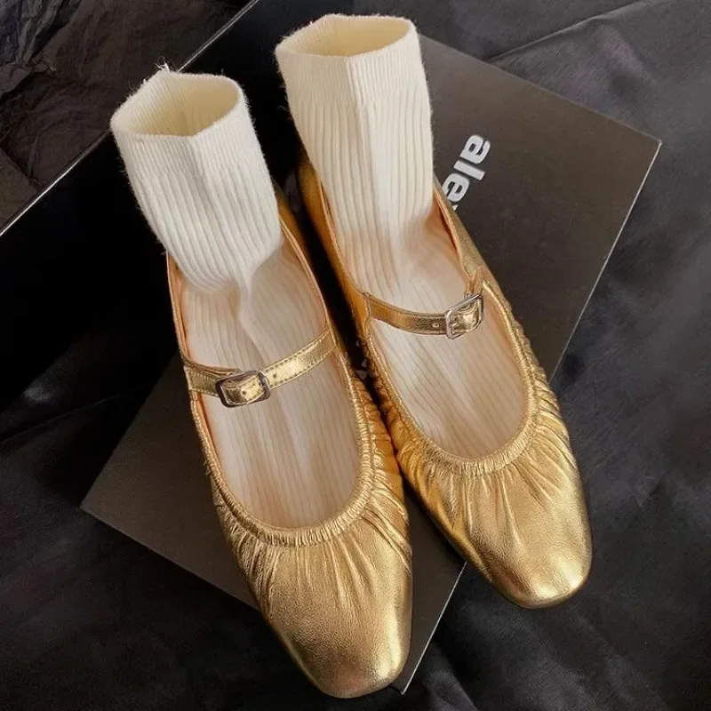 Soft Leather French Retro and Stunning Flat Shoes, Soft Sole,Niche Lace Up Loafers, Gold Silver Mary Jane Single Shoes for Women 5