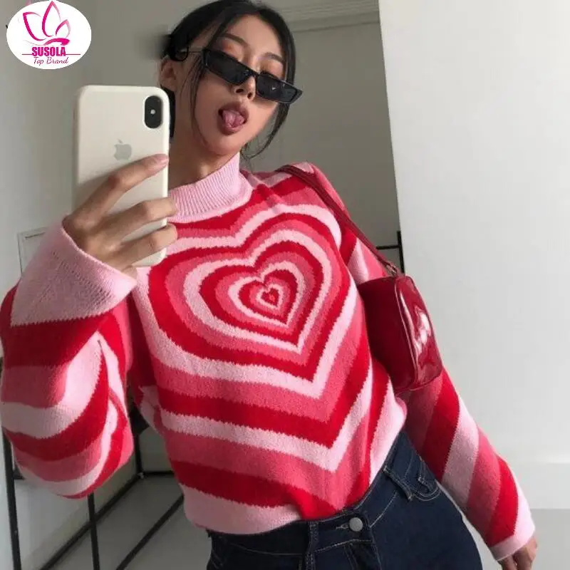 

Y2K Knitted Sweater Aesthetics Heart Striped Pullovers Sweater Girls Sweet Long Sleeve Turtleneck Jumper Autumn Streetwear y2k