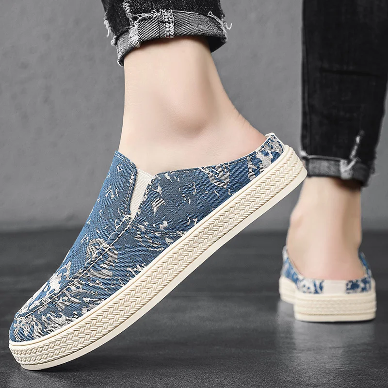 Half Shoes For Men Mules Canvas Flat Board Shoes Denim Blue Backless Loafers Slippers Man Slides Semi-Drag Mens Casual Shoes 6