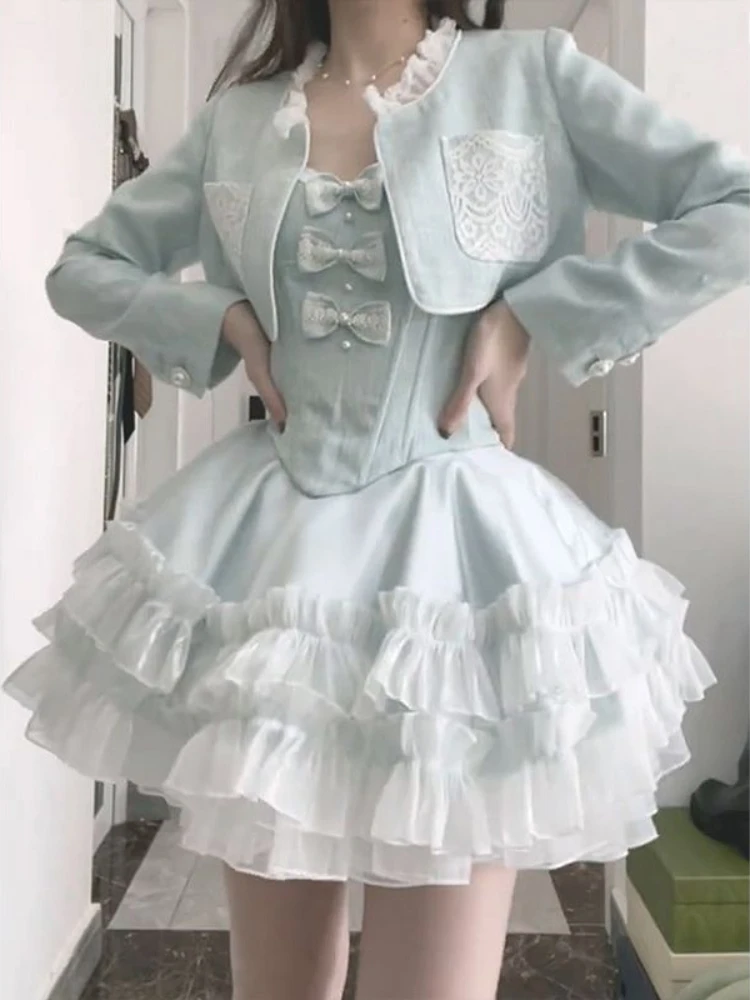 

Blue Japanese Kawaii Two Piece Set Women Evening Party Bow Strap Dress Suit Female Korean Elegant Coat＋Sweet Cake Dress 2023 New