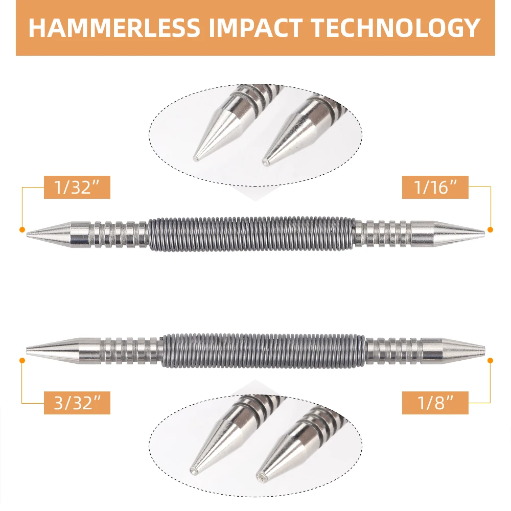 Dual Head Nail Setters Spring Nail Setter Punch Set Hammerless Tool with 5000 PSI Impact Force 1/32&Prime; 1/16&Prime; & 3/32&Prime; 1/8&Prime;