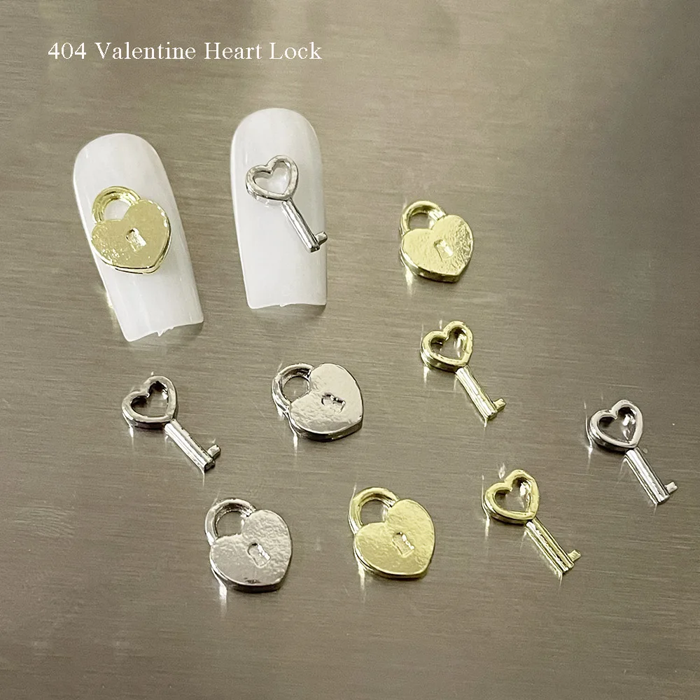 -Valentine Lock- Heart Lock Key Charms Bauble Lover Festival Lega Di Metallo Chrome Design Heart Key Nail Gel Tip Accessori 404Art