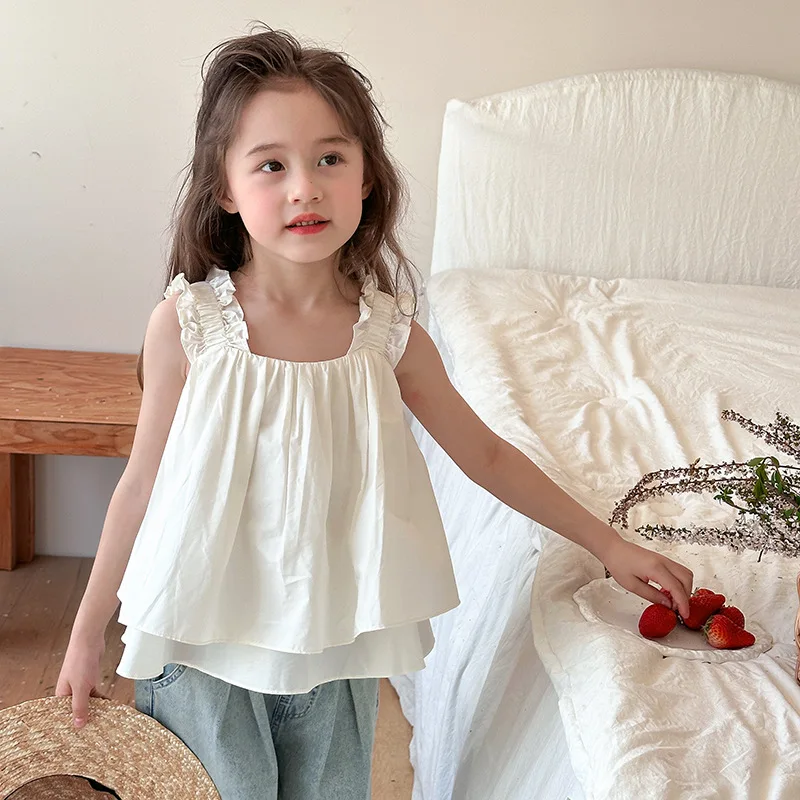 

Girls Korean Cute Lace Sling Baby Shirt Children Sleeveless Vest Shirt Tops 2024 Summer New Active Solid Blue Jeans White