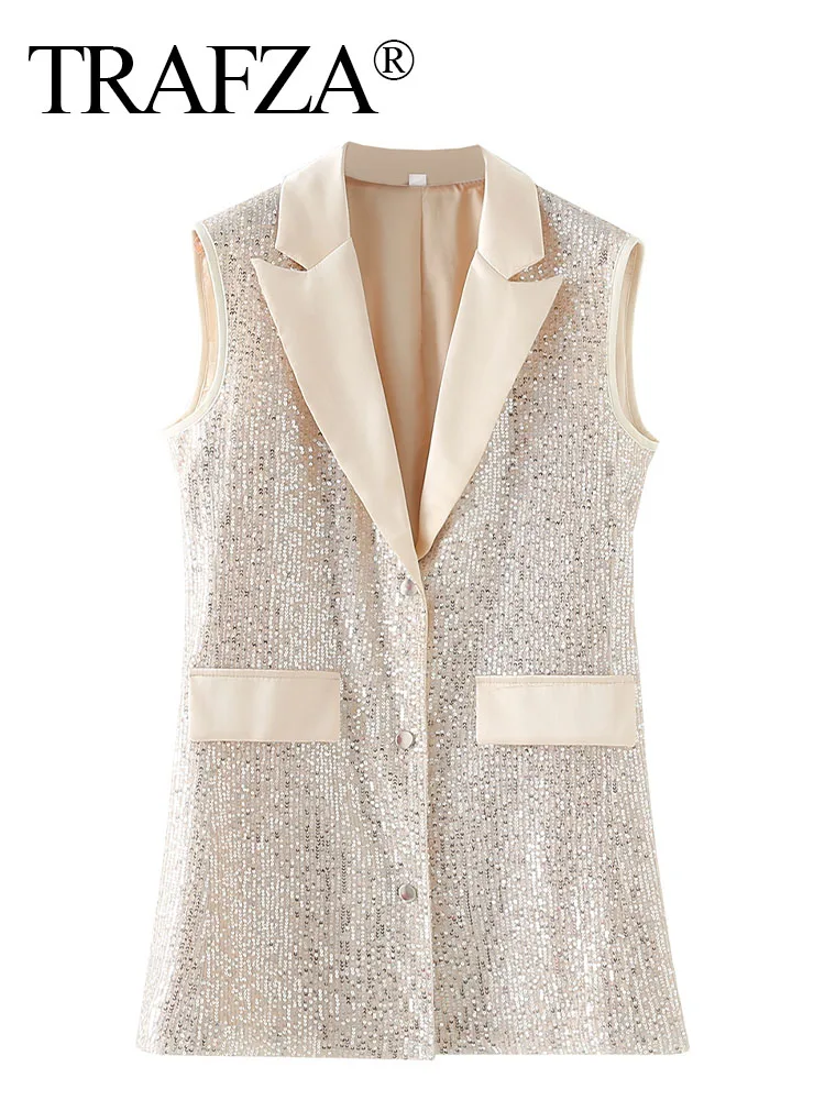 

TRAFZA Female New Spring Casual V Neck Single Breasted Vest Woman Fashion Vintage Sequin Sleeveless Pocket Decoration Jacket