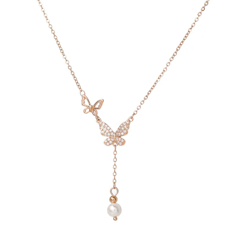 

Silver Color Fashion Double Butterfly Tassel Pendant Necklace Female Chain Elegant Temperament Gift