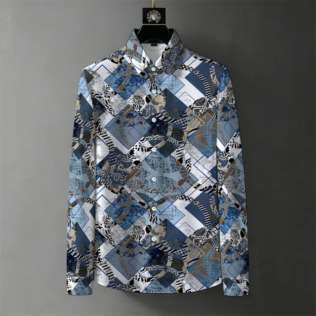 Chemise à manches longues pour homme, style européen et américain, luxe léger, imprimé géométrique, décontractée, pour le travail et les déplacements. 1