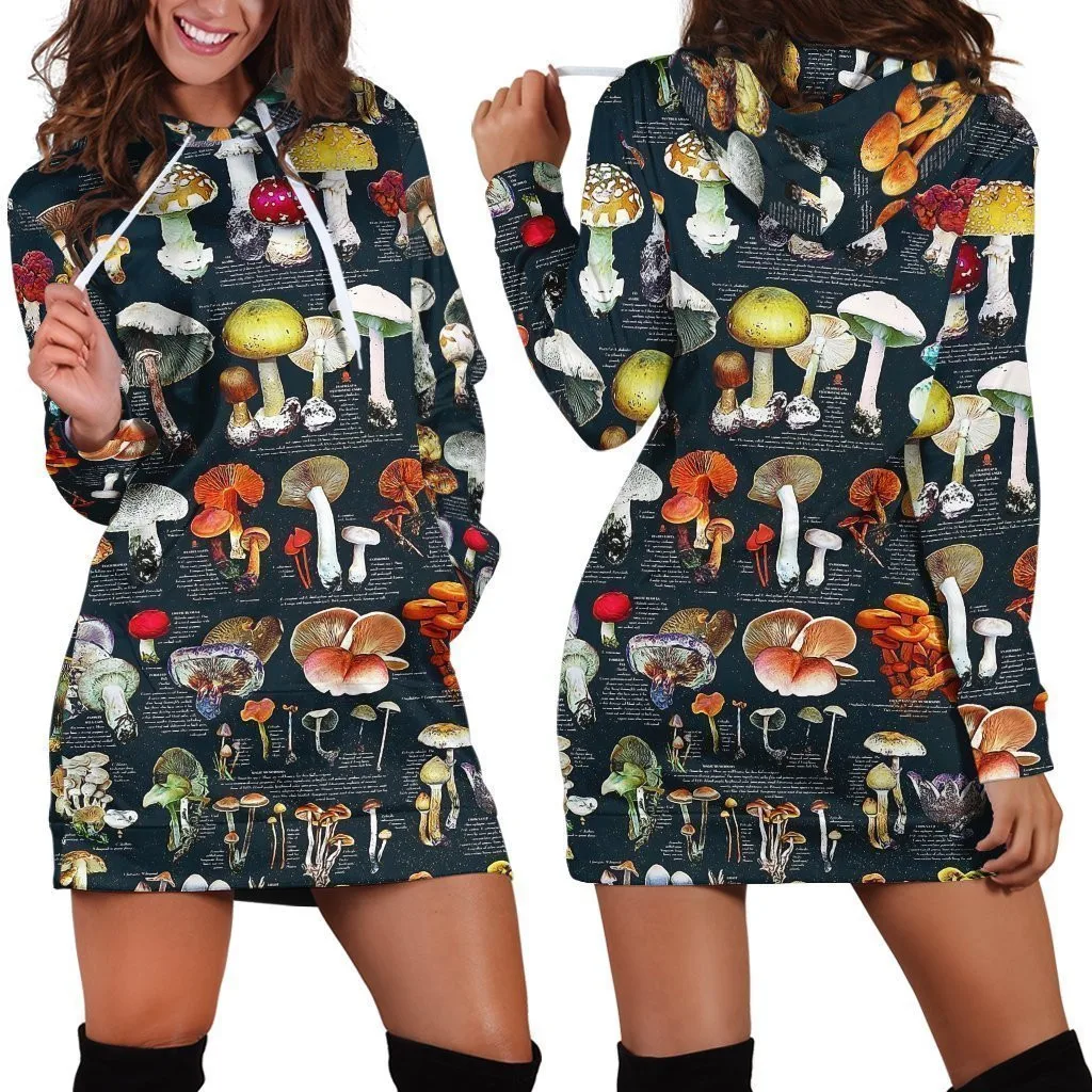 Edible Mushrooms White Hoodie Dress 3D Printed Hoodie Dress Novelty Hoodies Women Casual LongSleeve Hooded Pullover Tracksuit