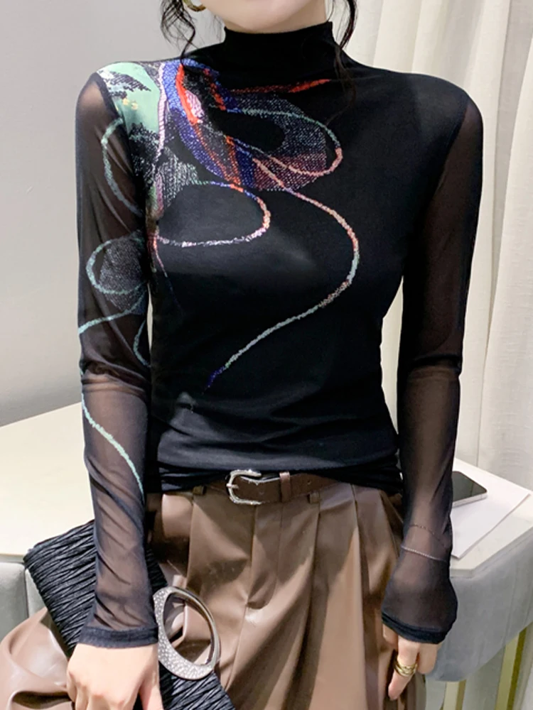 

S-4LLeisure Сетчатая футболка с высоким воротом; Топ с принтом; Новинка 2023 года; Модная женская одежда; Сезон осень-зима