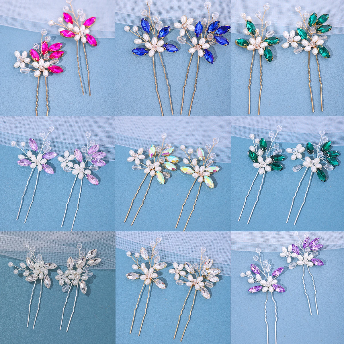 Handmade Crystal Pearls Hairpins Flower Hairbands Women Bride Wedding Hair Accessories Rhinestone Hair Clips 2Pcs