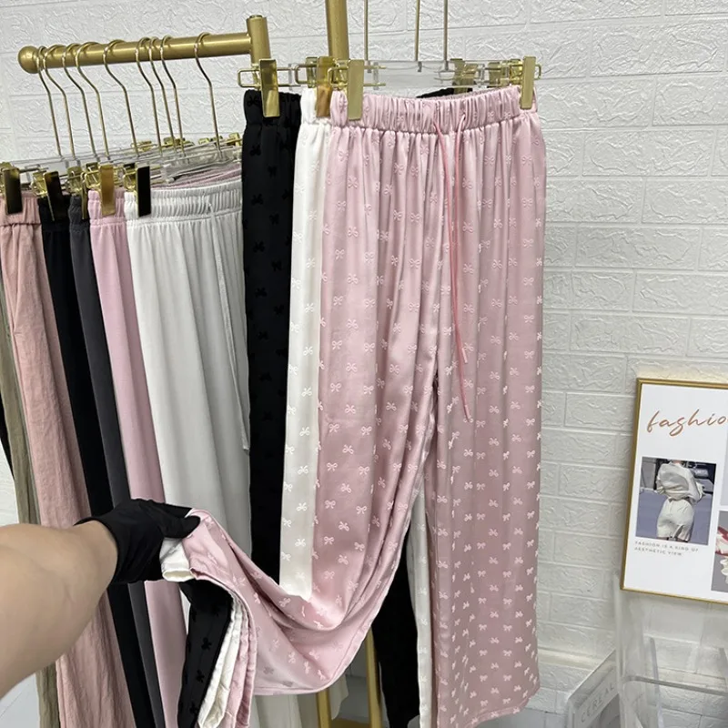 Acetate Satin Ice Silk Wide-leg Pants Summer High-waisted Loose Slim Design Straight-leg Cool Trousers Casual Pants for Women