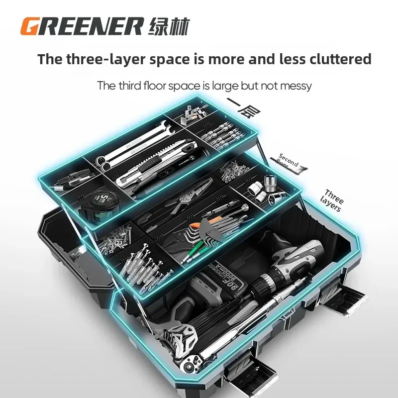 Professional Heavy Duty Green Toolbox with Foldable Three Layers and Multi-Purpose Carrying Handle 2