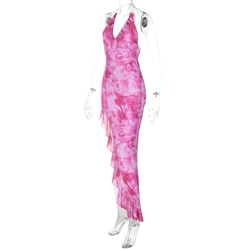 Vestido midi estampado con volantes y cordones para mujer, de malla con retazos, sin espalda, elegante, de fiesta, ajustado, a la moda, con escote en V, falda de tul sexy