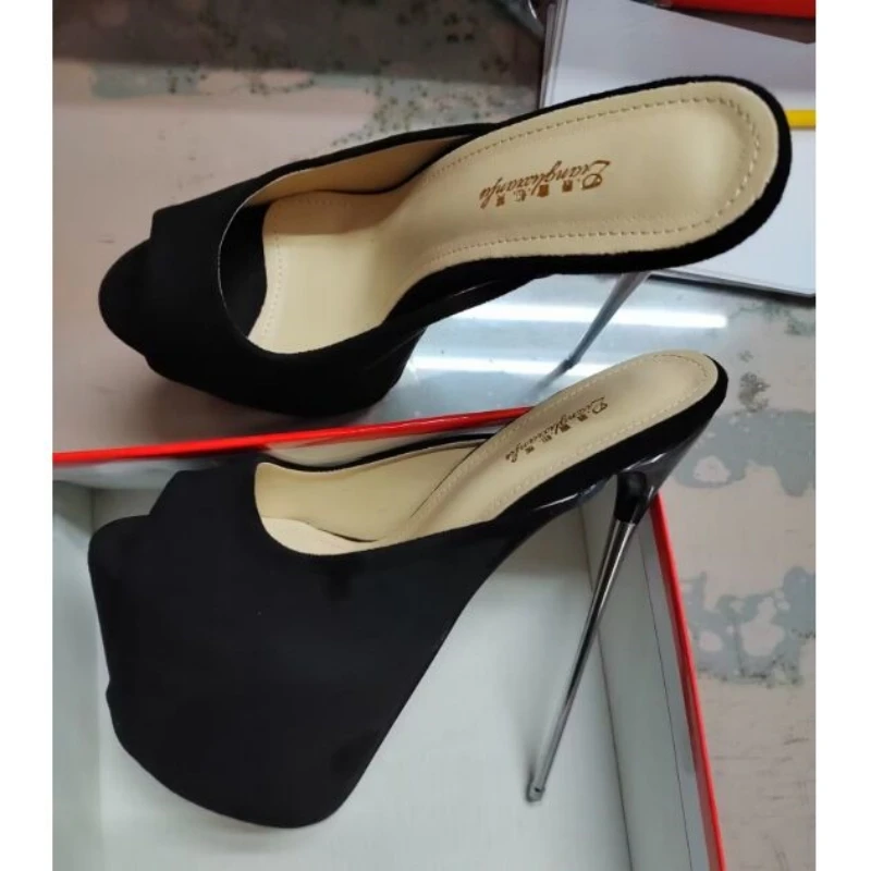 Women Summer Slippers 19cm Metal Extreme High Heels Platform Sandals Black Red Luxury Sexy Mules Strippers Party Shoes
