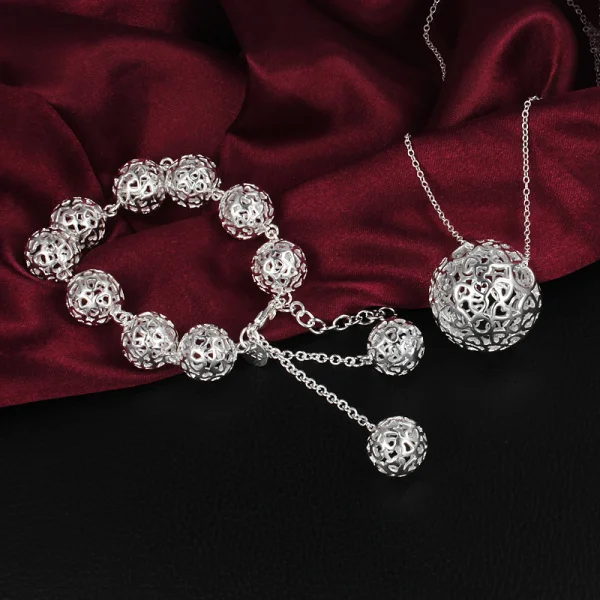 

925 Sterling Silver Hollow Ball Pendant Bracelet necklace Jewelry set for women luxury charm Fashion Party wedding Holiday gifts