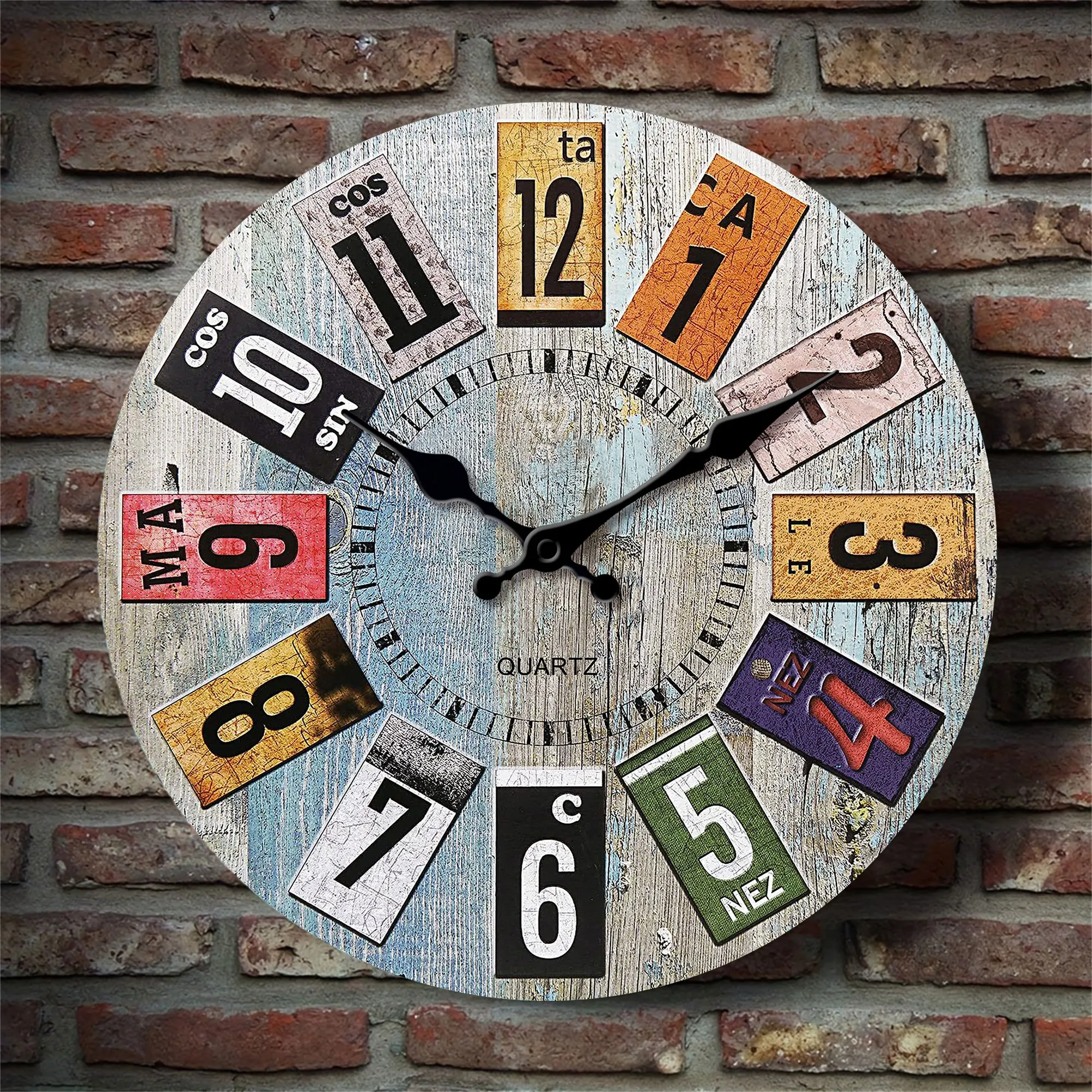 Nordic Vintage Wooden Wall Clock, Light Blue Wood Texture With Colorful Arabic Numerals