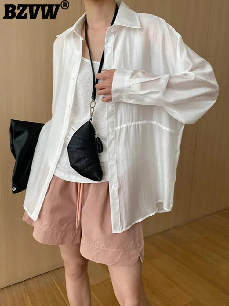 

BZVW Повседневная Солнцезащитная рубашка для женщин с отложным воротником с длинным рукавом однотонные однобортные блузки 2024 летняя новая одежда 25A589