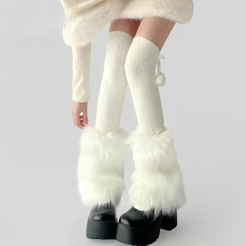 Description Picture 4 of item1/2Pairs Plush Leg Warmers Women Winter Long Faux Fur Stockings Lolita Warm Sweet Stockings Furry White Girls Boot Cover Socks