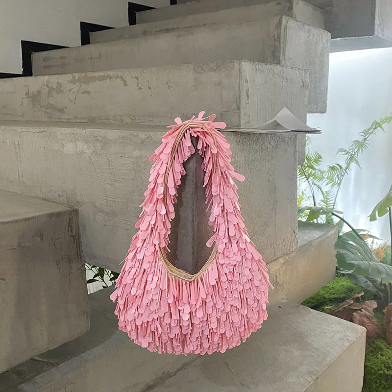 Handmade Beading New Chinese Style Socialite Luxury European American High-end Feel Niche Design Elegant Woven Pink Underarm Bag