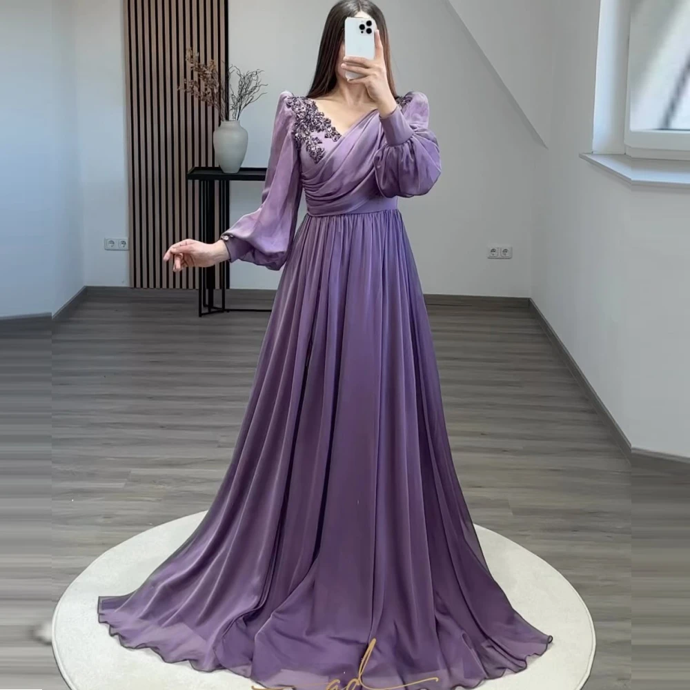 

Carolina V-Neck A-Line Chiffon Evening Dresses Women Pleated Puffy Sleeves Purple Wedding Guest Elegant Formal Party Gowns