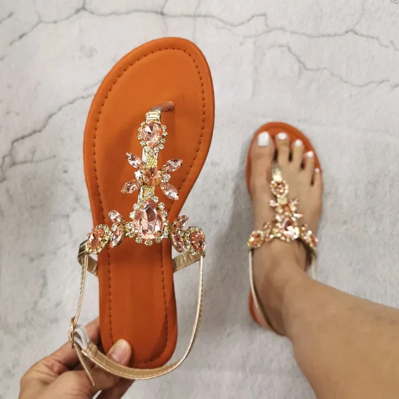 Summer Women's Shoes Large Size Crystal Shiny Flat Female Sandals Bohemia Back Strap Footwear