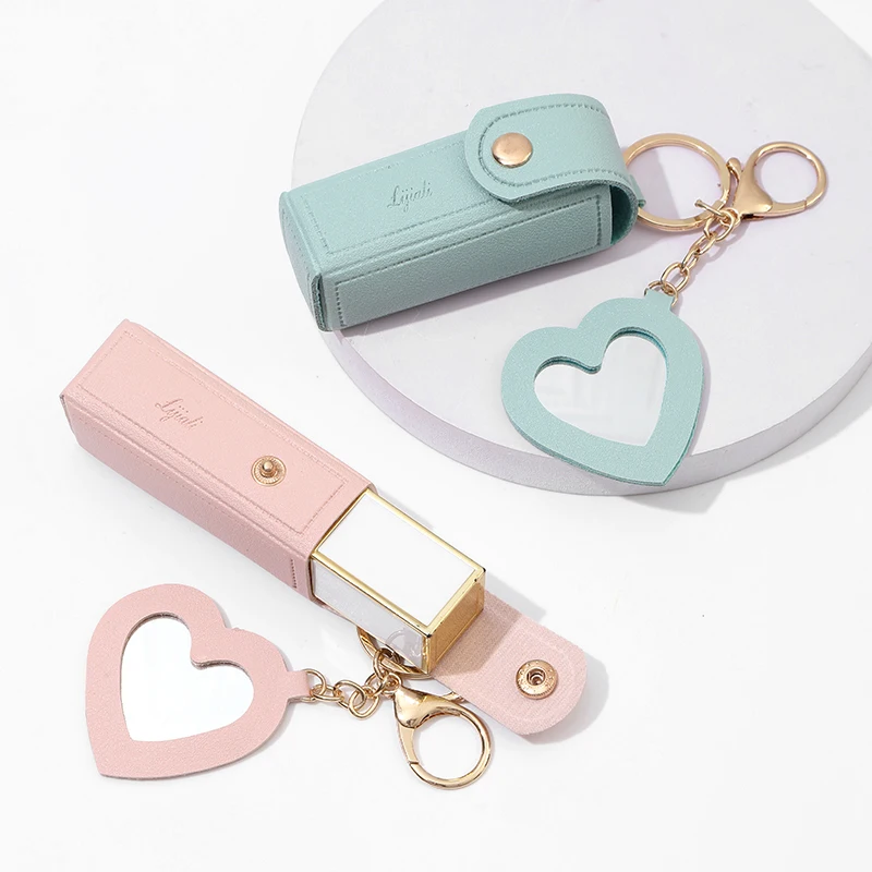 Portable Leather Lipstick Bag Makeup Pouch Lip Balm Bag Keychain Holder Lipsticks Protective Cover With Mirror 4