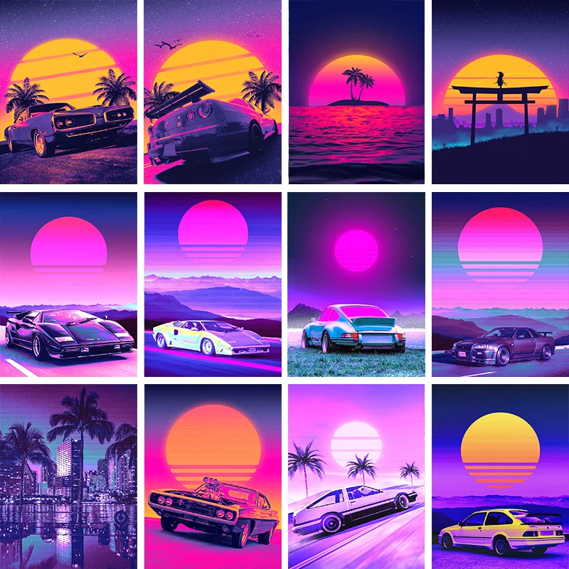 

Vaporwave 80s Outrun Style Poster City Street Night CAR HOUSE SUNSET Canvas Painting Wall Art Mural Decoration Kawaii Room Decor