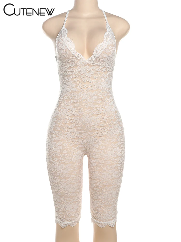 Lace Women Playsuits Solid Sexy Cross Spaghetti Strap Backless Low Neck Trim Sheer Slim Rompers Mujer Midnight One Piece