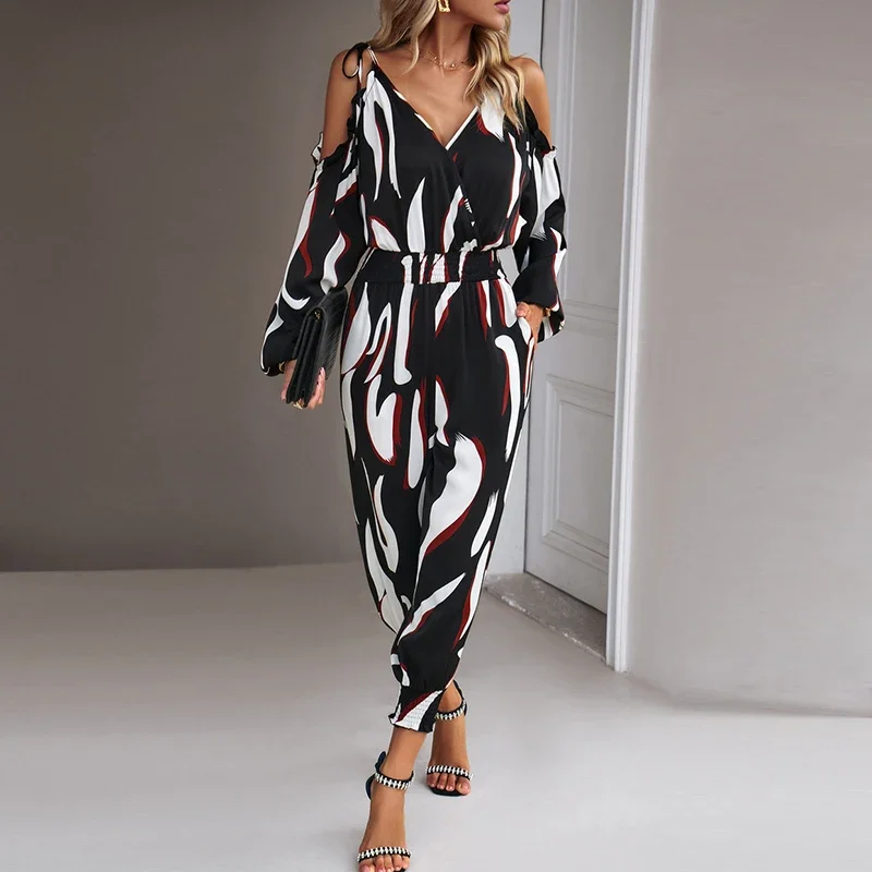 

Женский комбинезон с открытыми плечами, повседневный Свободный комбинезон с принтом и завышенной талией