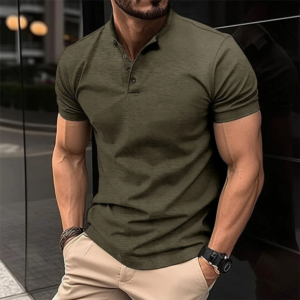 Nuova Collezione Estate 2026: T-shirt da Uomo con Colletto Henley, Bottoni, Slim Fit, Casual, Tinta Unita, Manica Corta, Sportiva, Stile Polo - immagine 3
