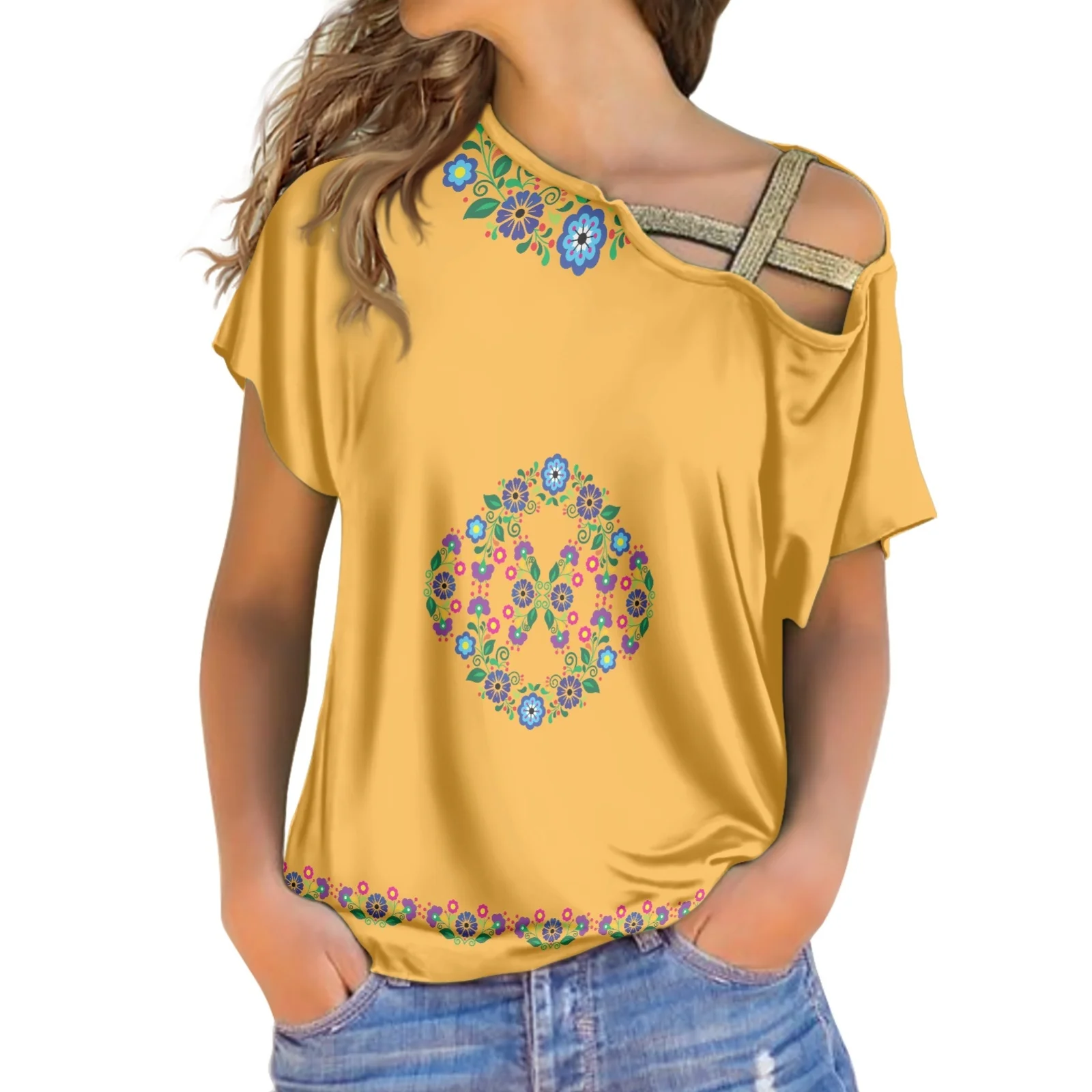 

Traditiona Mexico Women's Top Summer Women's Loose Pullover Blouses Tattoo Print T-Shirt Off Shoulder Short Sleeves Clothing
