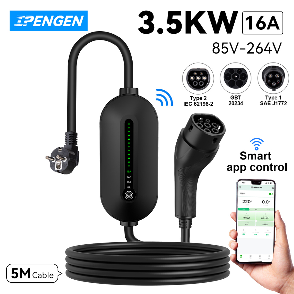 IPENGEN EV Charger WIFI APP Control 16A 3.5KW Type2 GBT 5M Cable Type1 Portable Charging Box Set Charging&DelayTime for EV Cars