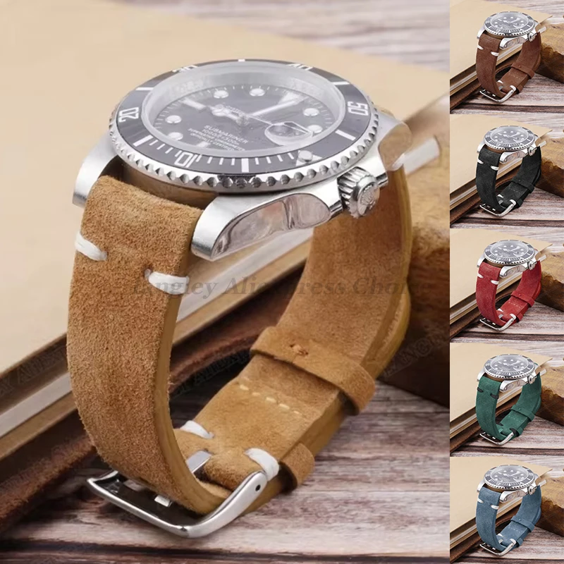 Vintage Handmade Suede Leather Watch Strap with Stitching Details, Available in Multiple Widths