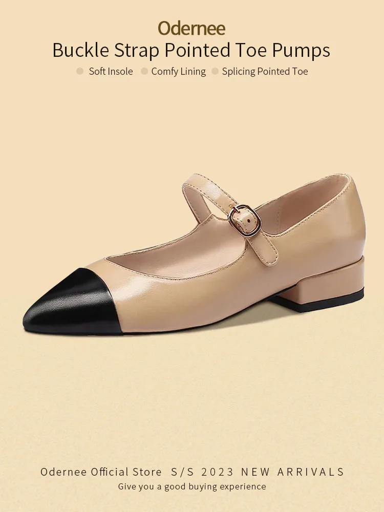 

Odernee Women's Chunky Low Heel Pointed Toe Pumps Comfortable Cap Toe Buckle Strap Office Work Shoes 6.5CM