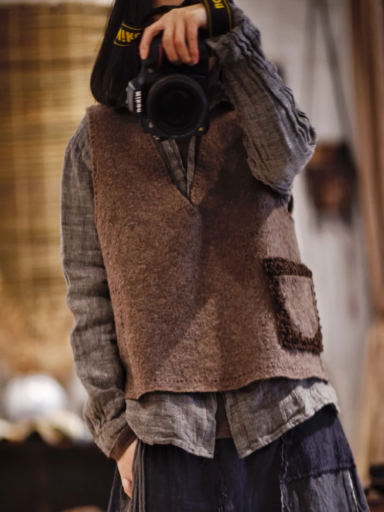 JohnatureWomenWoolHighQualitySweatersVNeckSleevelessPockets