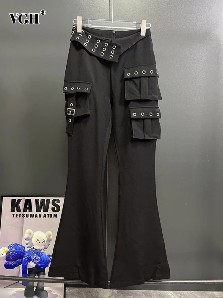 

VGH Solid Patchwork Pockets Flare Pants For Women High Waist Hollow Out Slimming Sexy Streetwear Trouser Female Fashion Clothes