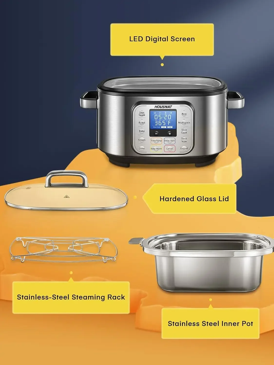 Slow Cooker, HOUSNAT 10 in 1 Programmable Cooker, 6Qt Stainless Steel, Rice Yogurt Maker, Delay Start, Steaming Rack