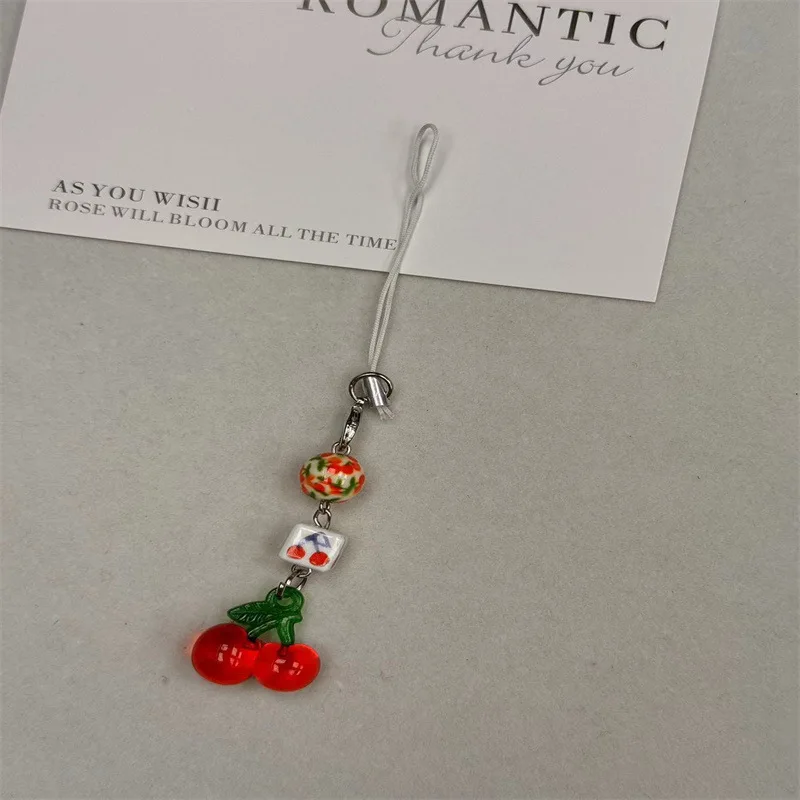 Cute Cherry Phone Charm Pendant Kawaii Key Bag Chain Accessorioes For iPhone Universal Girls Women Jewelry Keyring Hanging Cord