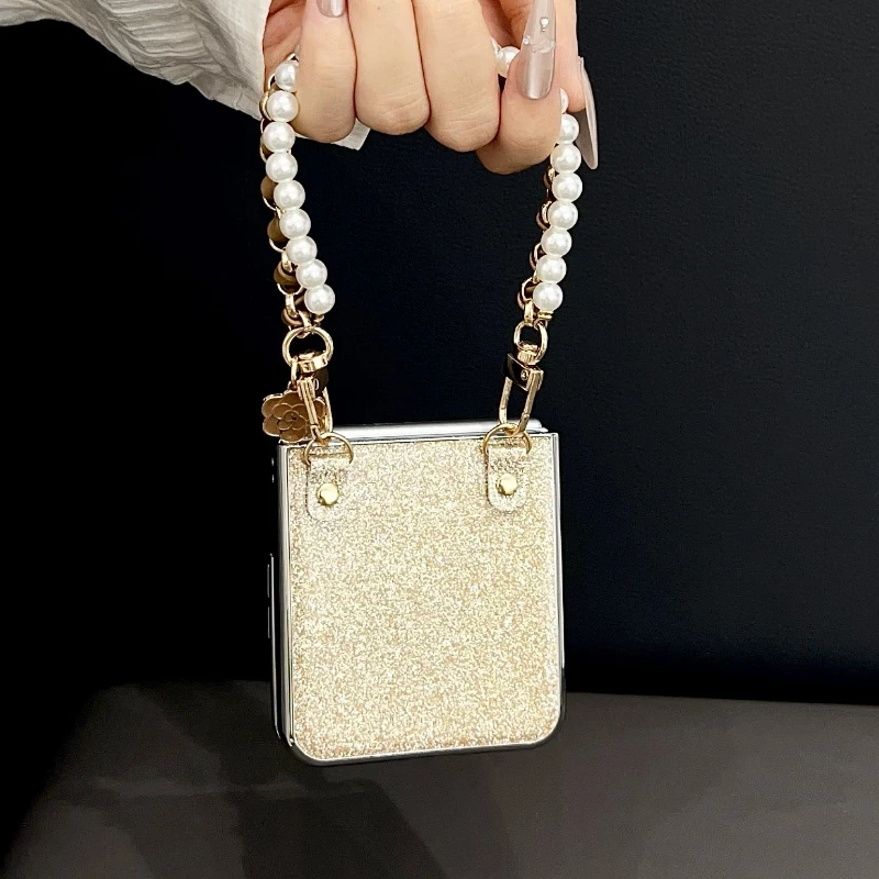 Electroplated Glitter Case with Pearl Bracelet - Solid Color Shockproof Cover
