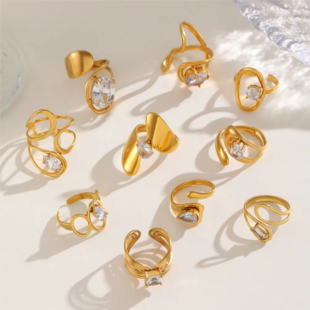 316L Stainless Steel Zircon Inlay Irregular Ring for Women Retro Metal Open Rings Party Jewelry Gifts
