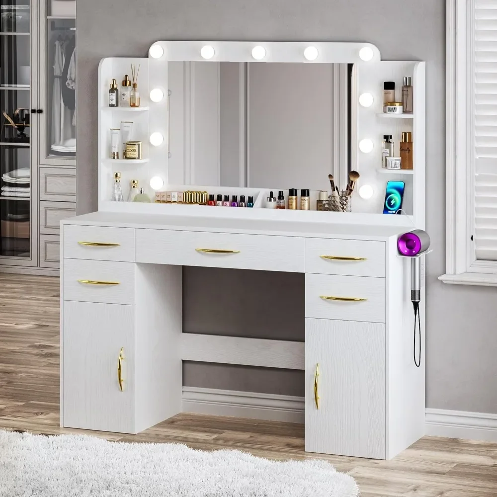 Makeup Desk with Lights, Large Desk with Mirror and Lights in 3 Models, with Power Outlet, Desk 6