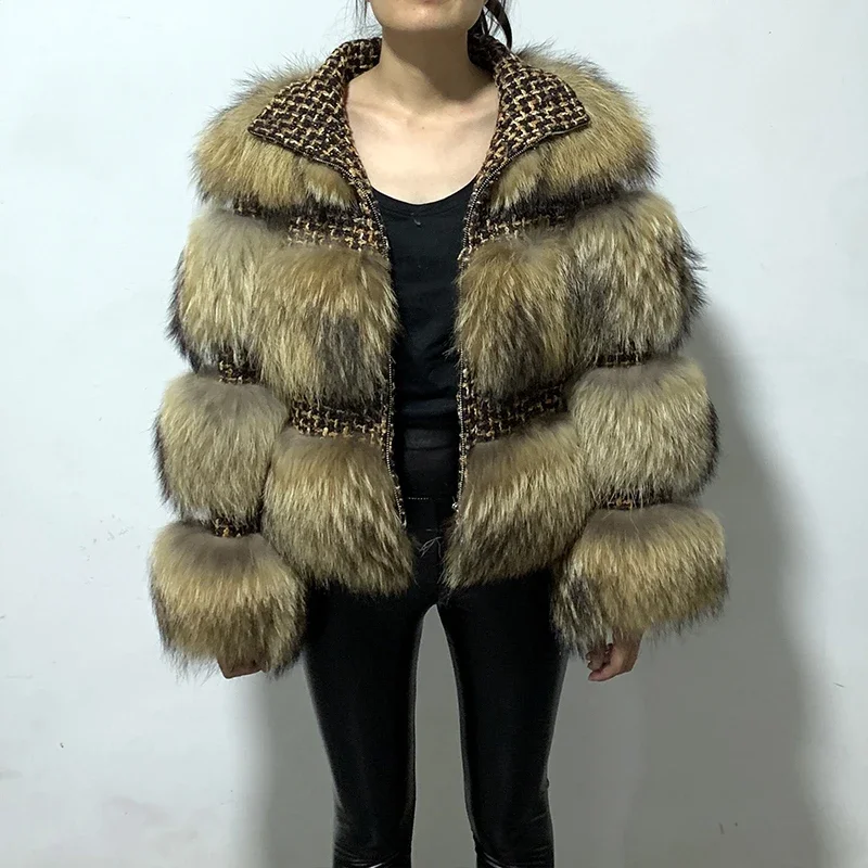 

rf1930B Fashion Full Pelt Zipper Long Sleeve Winter Real Fur Jacket Natural Raccoon Fur Striped Coat Women