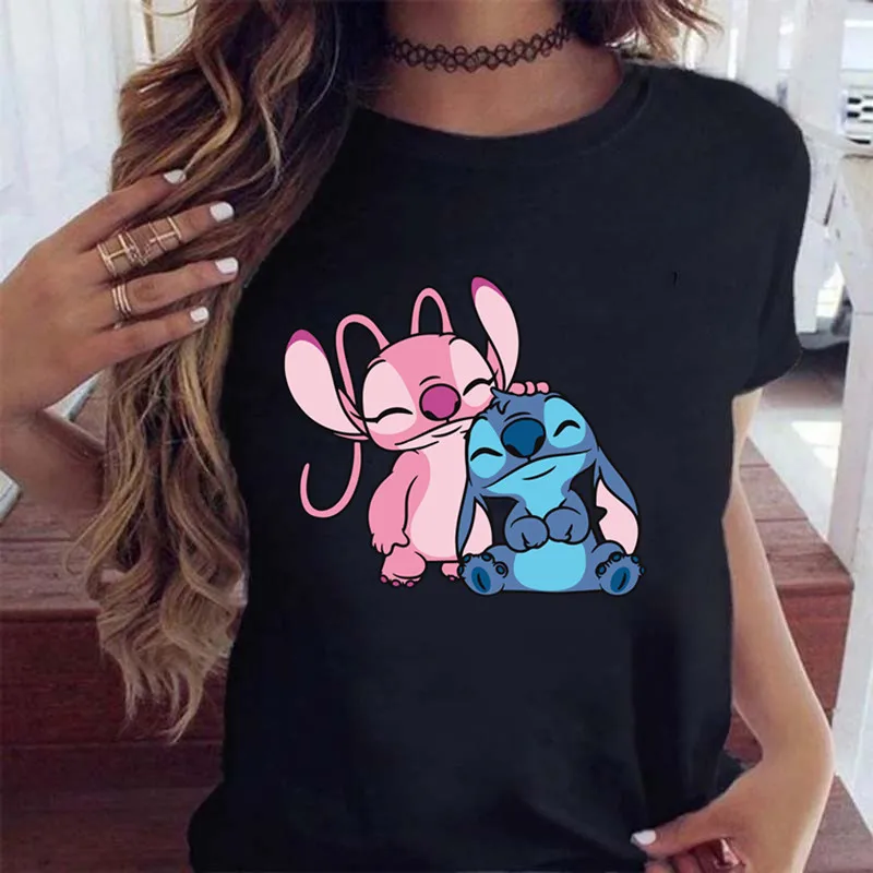 New Fashion Female Clothing Cartoon Disney Stitch Women's T-shirt Summer Short Sleeve Black Tops 4