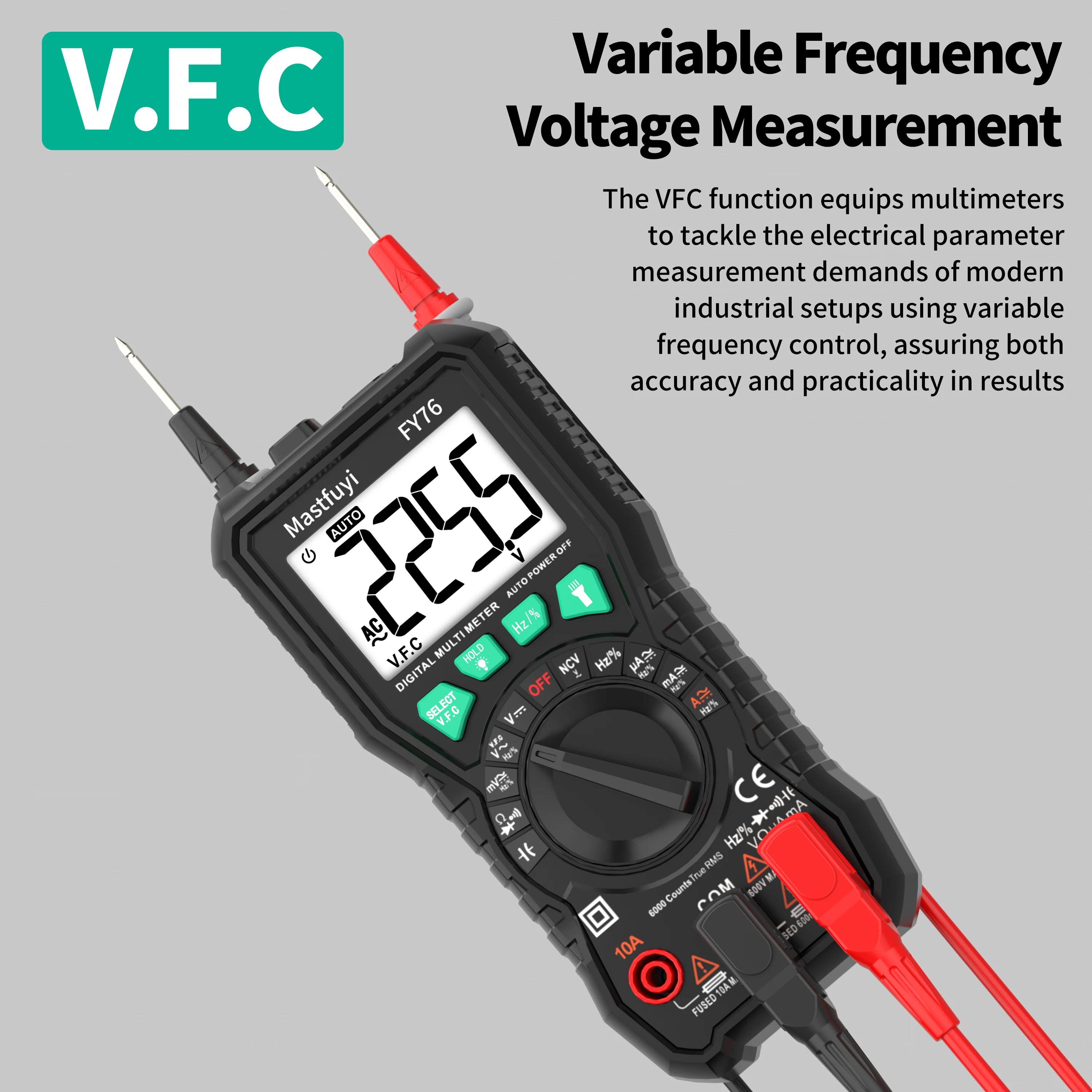 MASTFUYI FY76 Digital Multimeter 6000 Counts AC/DC Voltage Current Meter Resistance Ohm LCD Backlight Electrician Detector