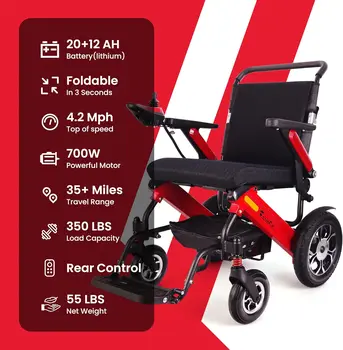 Wisging Red Sedia a rotelle elettrica fuoristrada Sedia a rotelle pieghevole a lungo raggio 20A 12Ah Batteria al litio Motore da 700 W
