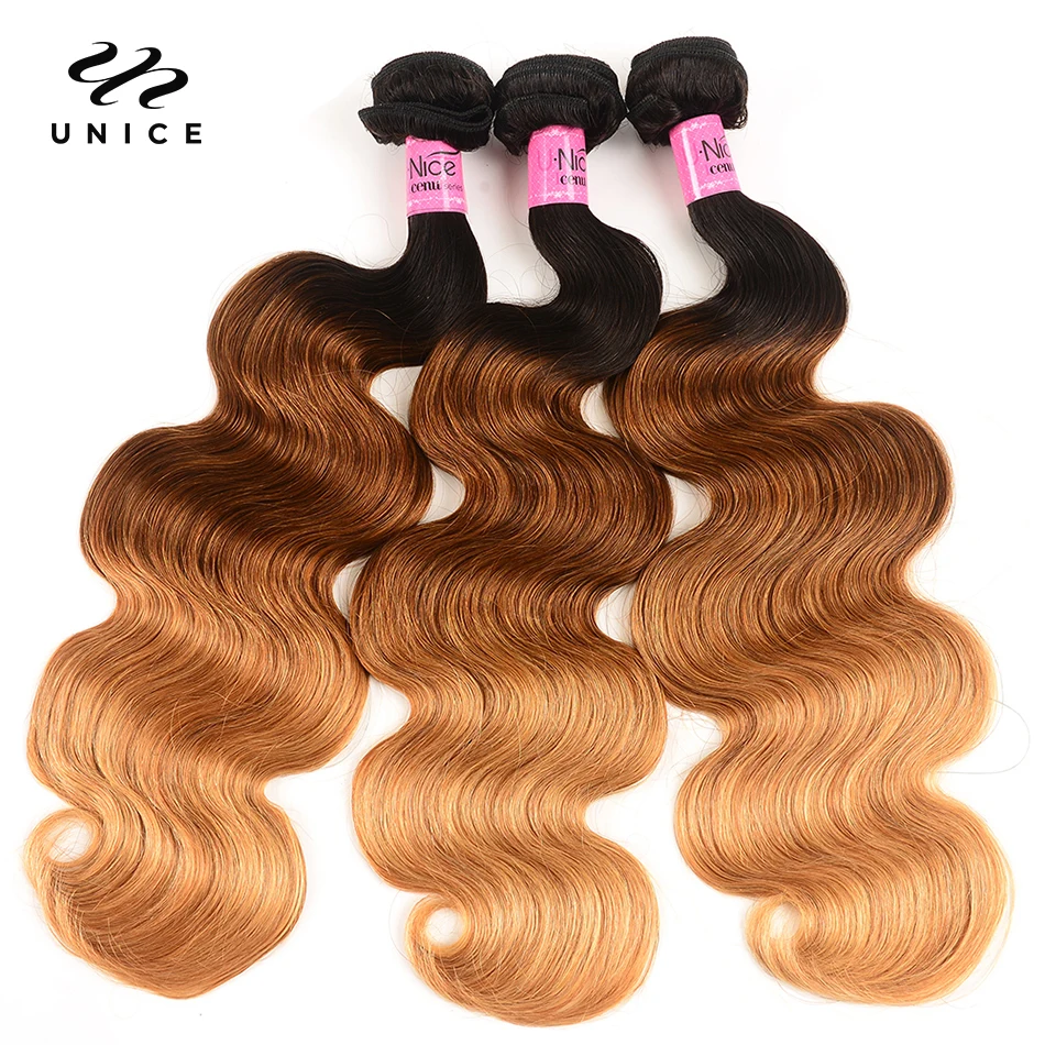 

UNICE HAIR Peruvian Body Wave Ombre Hair Extensions Color T1b/4/27 Human Hair 3 Bundles Three Tone Remy Hair Weaves 16-26inch