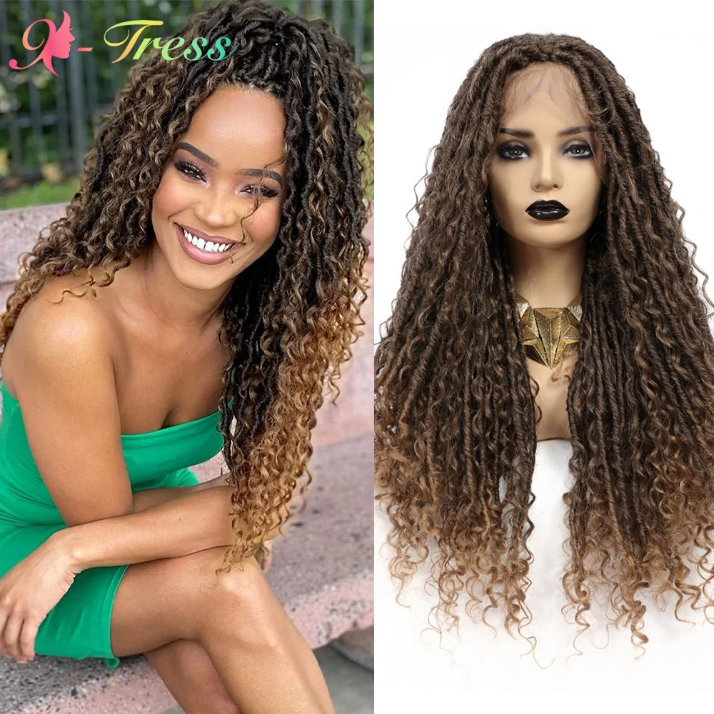 

X-TRESS Faux Locs Synthetic Braided Wigs Ombre Brown Middle Part Lace Front Wig Dreadlock Curly Crochet Braids for Black Women